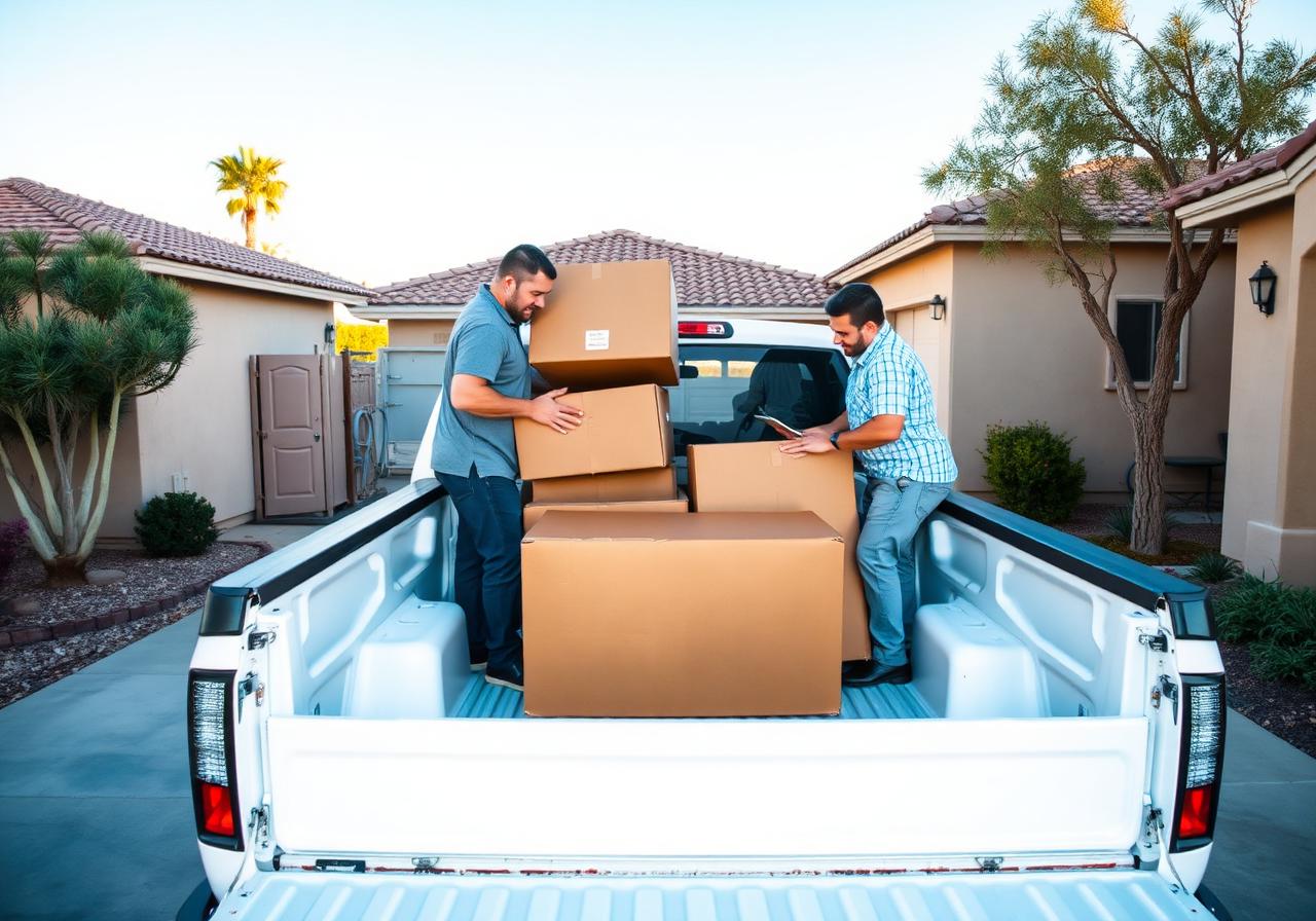 Newspace crew loading boxes into a hauling truck in a Las Vegas driveway