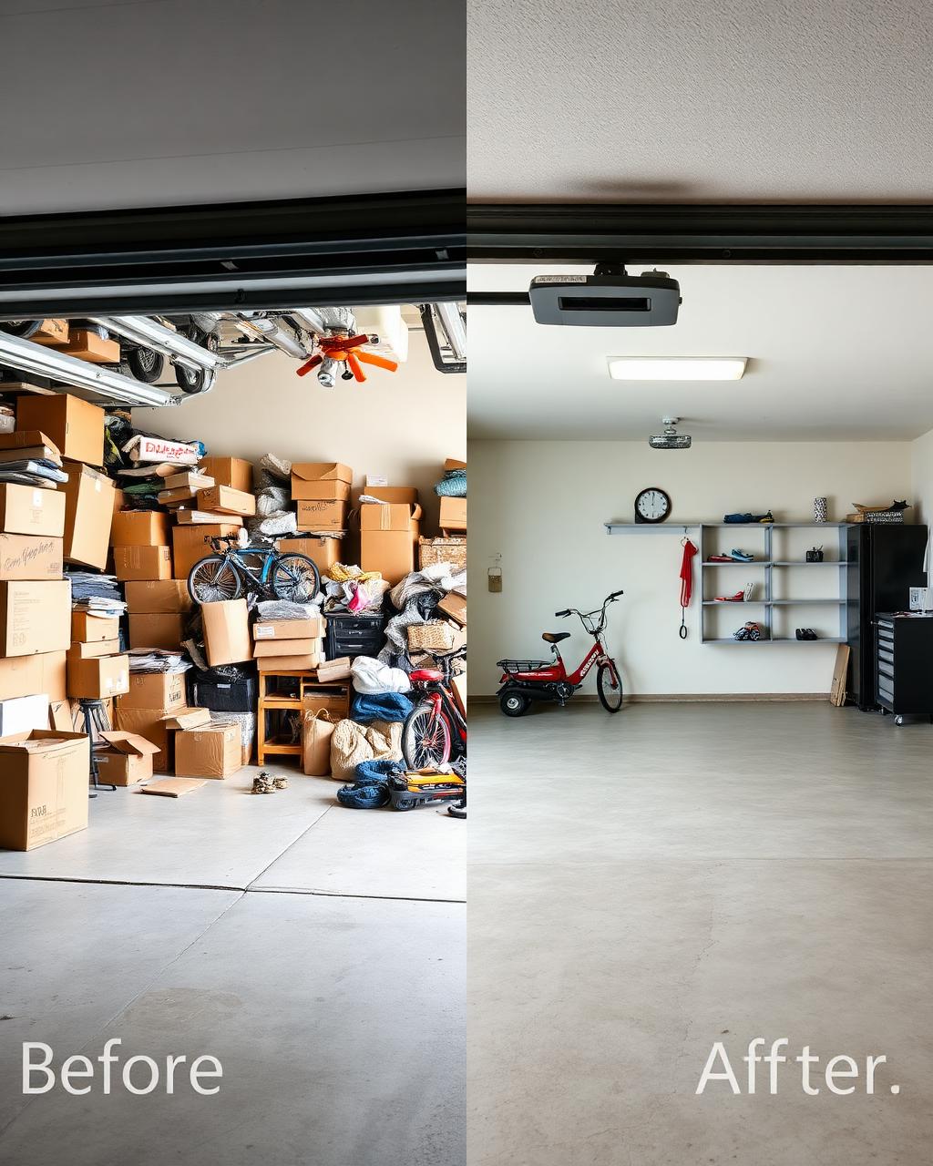Before and after of a Las Vegas garage cleanup — cluttered storage transformed into clean, empty space